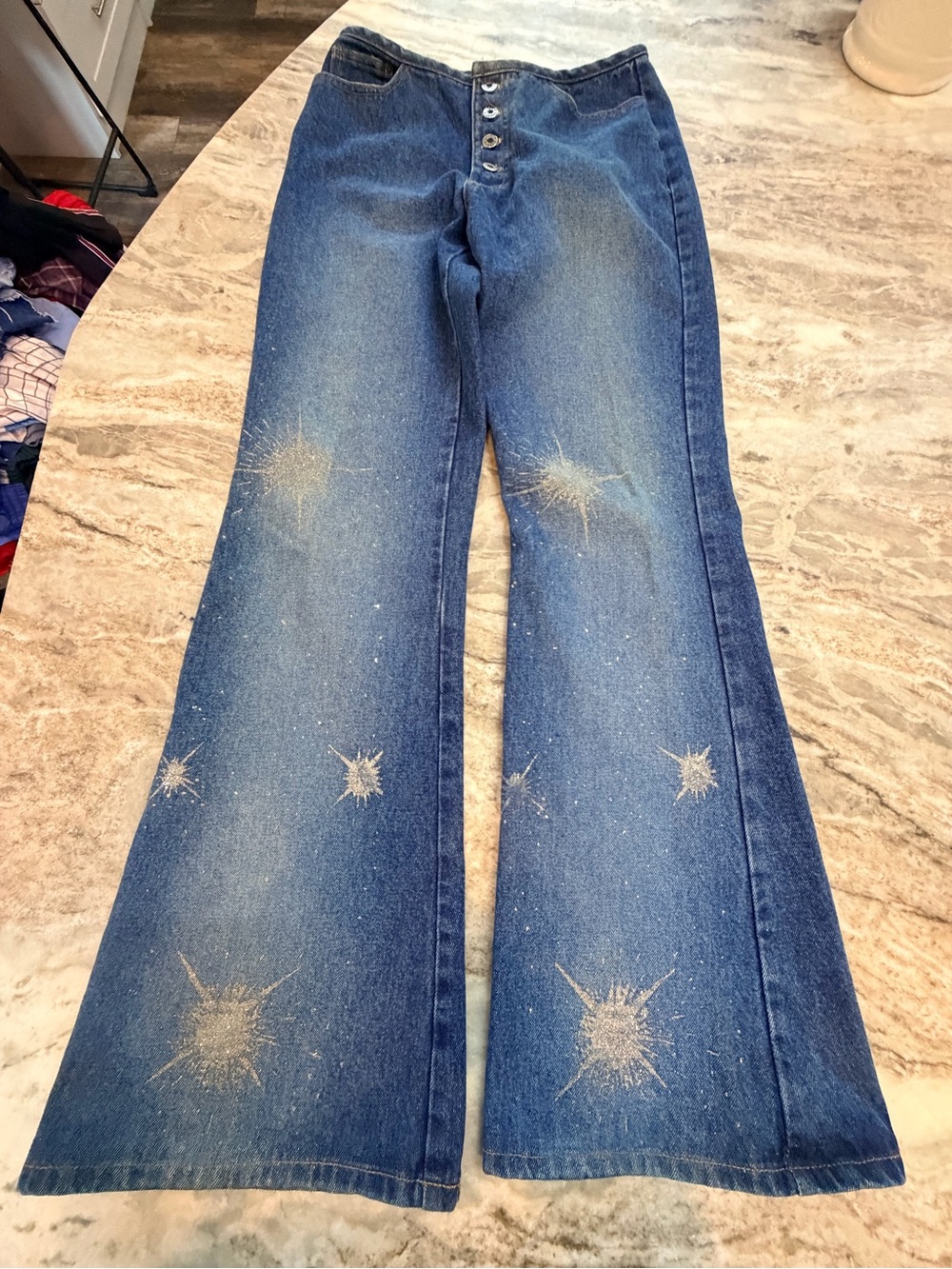 Vintage Joy USA Wide Leg Button Fly Jeans Glitter Starburst Bell Bottoms 28”
